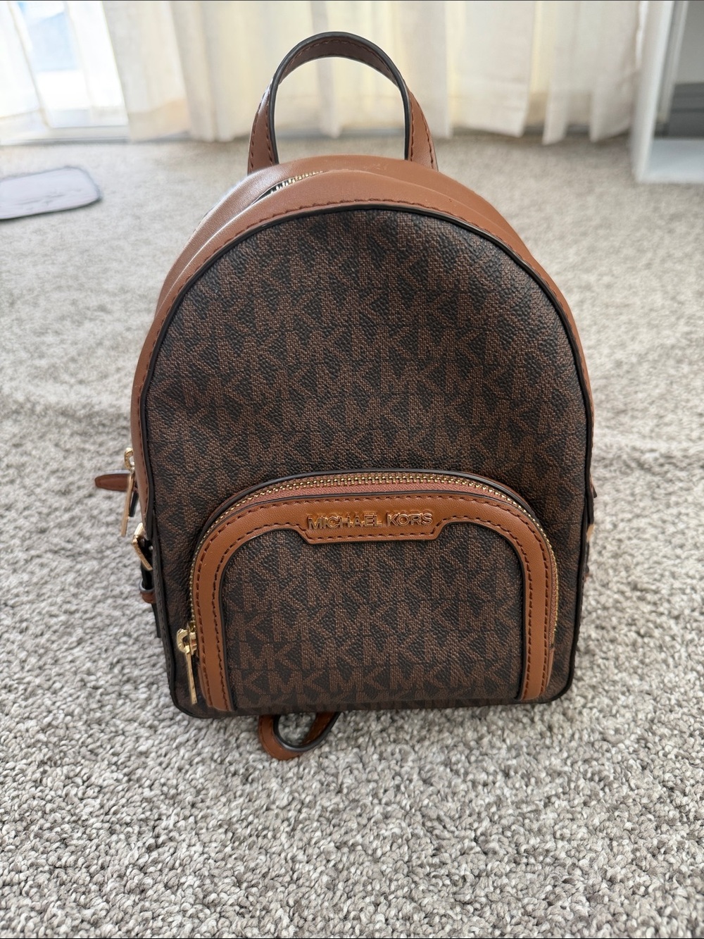 Michael Kors Brown Logo Mini Backpack with Tan Trim